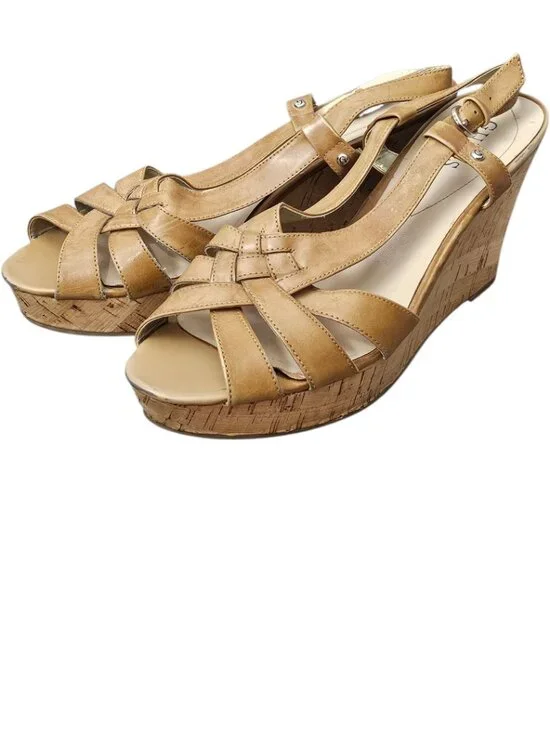 Guess Strappy Kayce Cork Wedge Platform Heel Slingback Sandals Tan Size 11 - Picture 4 of 12